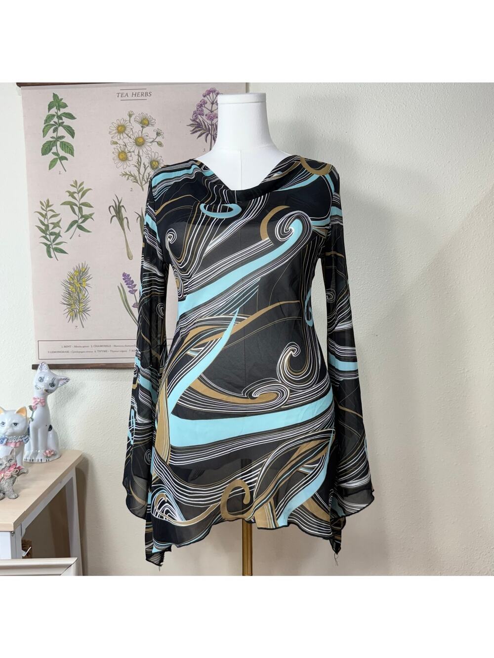 90s Y2k Sheer Flare Sleeve Asymmetric Tunic Top Retro Hippie Boho Fairy Grunge L
